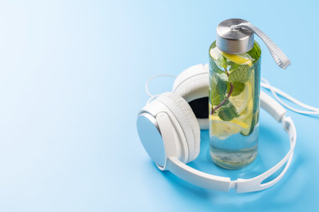 Healthy lifestyle, sport and diet concept. Headphones and tonic lemonade. With space for your textの写真素材