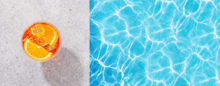 Refreshing cocktail by the pool on a sunny day, the perfect summer vacation. View from above with...