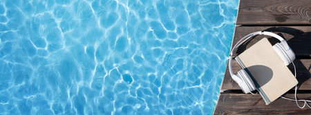 Book and headphones near swimming pool. summer holiday. Flat lay with copy spaceの写真素材