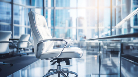 An empty chair in a contemporary business office, symbolizing endless possibilities and untapped potentialの素材
