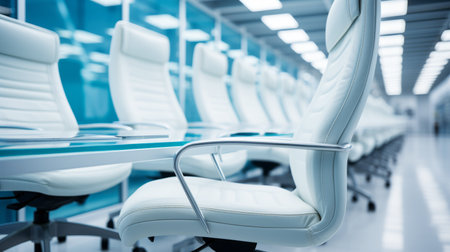 An empty chair in a contemporary business office, symbolizing endless possibilities and untapped potentialの素材