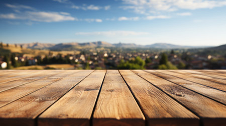 Empty wooden table with a serene autumn meadow and trees in the background, perfect as a mockup for product presentationの素材