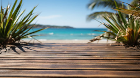 Empty wooden table with a summer sea and palms in the background, perfect as a mockup for product presentationの素材