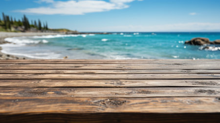 Empty wooden table with a summer sea and palms in the background, perfect as a mockup for product presentationの素材