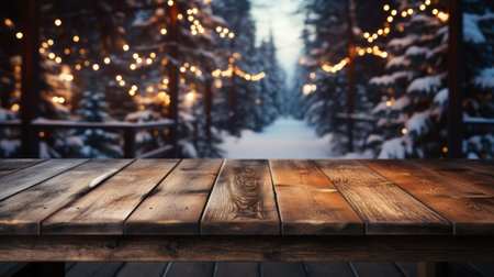 Empty wooden table with a festive Christmas fir tree and garland in the background, perfect as a mockup for product displayの素材