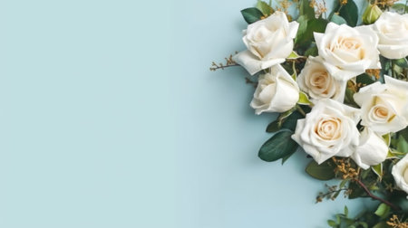 Elegant white roses on a serene blue background, perfect for any greeting card. flat layの素材