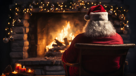 Santa Claus sitting in a cozy chair beside a crackling fireplace, spreading Christmas cheerの素材