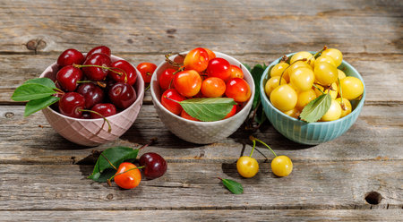A vibrant and colorful cherry bursting with sweet juiciness. On sunny outdoor garden tableの写真素材