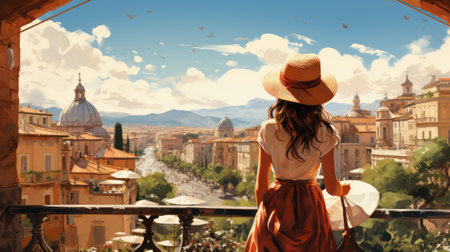 Charming cartoon-style illustration of a beautiful woman in a sun hat exploring the streets of a European city, summer travel and vacationの素材