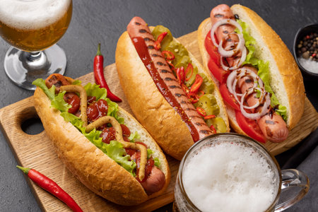 Various hot dog and beer. Homemade hotdogs on cutting boardの写真素材