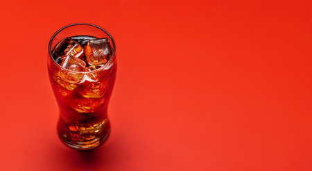 Refreshing glass of cola with ice. Over red background with copy spaceの写真素材