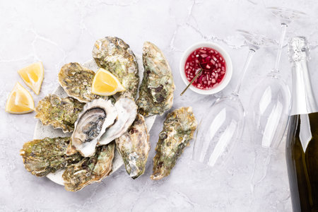 Fresh oysters with glasses of sparkling wine. flat layの写真素材