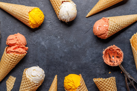Assorted ice cream flavors in a delightful waffle cones, a treat for every taste bud. Over stone...