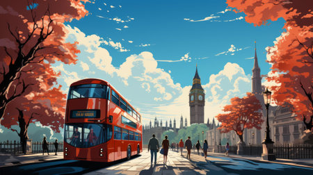Charming cartoon-style illustration of London street with double decker red bus, summer travel and vacationの素材