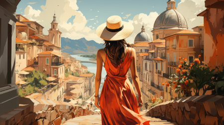 Charming cartoon-style illustration of a beautiful woman exploring the streets of a European city, summer travel and vacationの素材