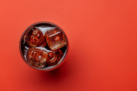 Refreshing glass of cola with ice. Over red background with copy space. flat layの写真素材