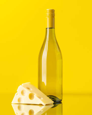 Aromatic white wine poured into a glass, accompanied by a tempting piece of cheeseの写真素材