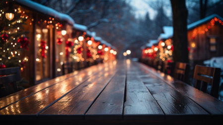 Empty wooden table with a festive Christmas fir tree and garland in the background, perfect as a mockup for product displayの素材