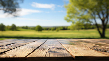Empty wooden table with a serene summer meadow and trees in the background, perfect as a mockup for product presentationの素材