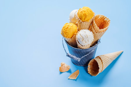 Lemon ice cream in delightful waffle cones, a treat for every taste bud. Over blue background with copy spaceの写真素材