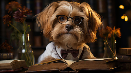 Dog schoolboy in glasses with a book, a charming academic sceneの素材