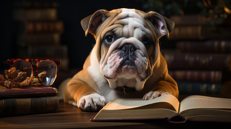 Dog schoolboy with a book, a charming academic sceneの素材