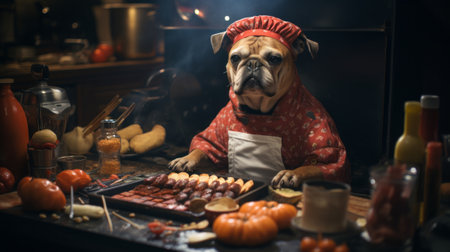 Canine chef cooking in kitchen, culinary flair. dog in chefs hatの素材