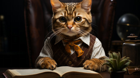 Cat schoolboy with a book, a charming academic sceneの素材