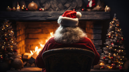 Santa Claus sitting in a cozy chair beside a crackling fireplace, spreading Christmas cheerの素材