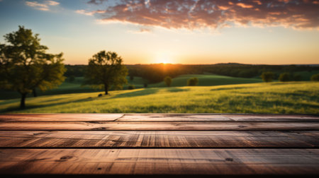 Empty wooden table with a serene summer meadow and trees in the background during sunset, perfect as a mockup for product presentationの素材