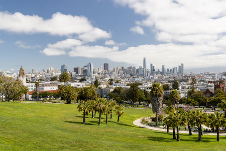 Scenic green park with San Francisco skyline on horizonの写真素材