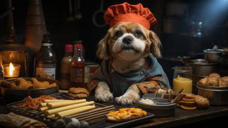 Canine chef cooking in kitchen, culinary flair. dog in chefs hatの素材