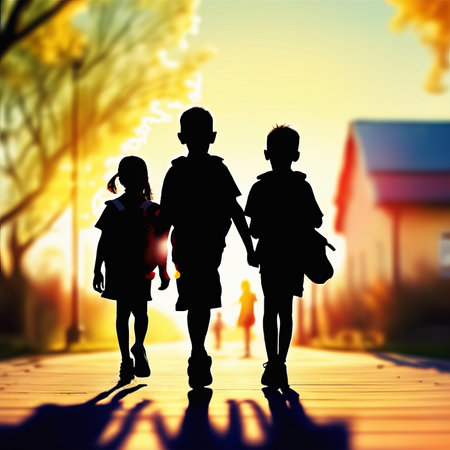 Kids silhouettes go to school. Back to schoolの素材