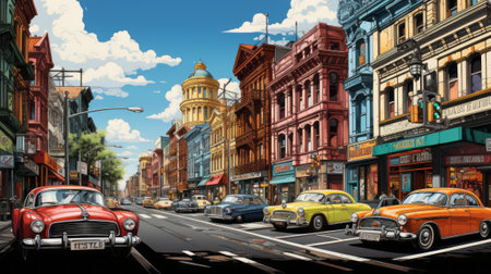 60s New York city street with vintage carsの素材