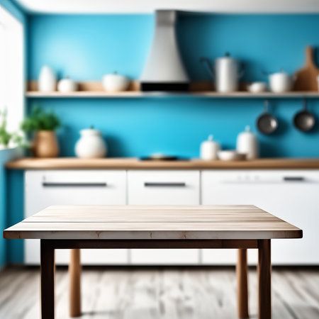 Empty kitchen table and blurred kitchen background. Template or mockup for your productの素材