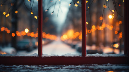 Festive Christmas and garland through the window. snow holiday winterの素材