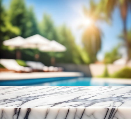 Empty marble table, blurred summer sea background with copy space for your product. Travel and vacation mockup or templateの素材