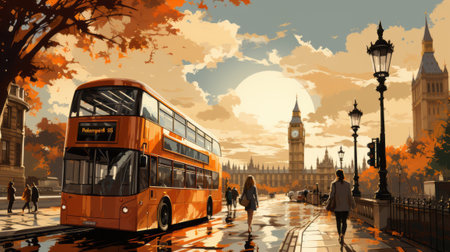 Charming cartoon-style illustration of London street with double decker red bus, summer travel and vacationの素材