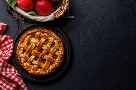 Delicious Apple Pie with Fresh Red Apples. Flat layの写真素材