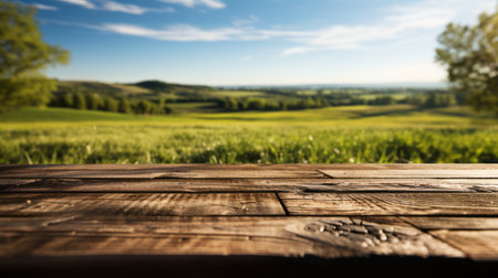 Empty wooden table with a serene summer meadow and trees in the background, perfect as a mockup for product presentationの素材