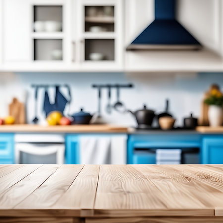 Empty kitchen table and blurred kitchen background. Template or mockup for your productの素材
