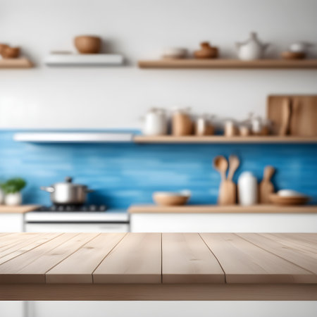 Empty kitchen table and blurred kitchen background. Template or mockup for your productの素材