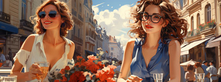Charming cartoon-style illustration of two beautiful women sitting in a Paris cafe, summer travel and vacationの素材