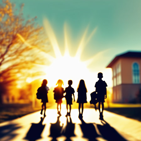 Kids silhouettes go to school. Back to schoolの素材