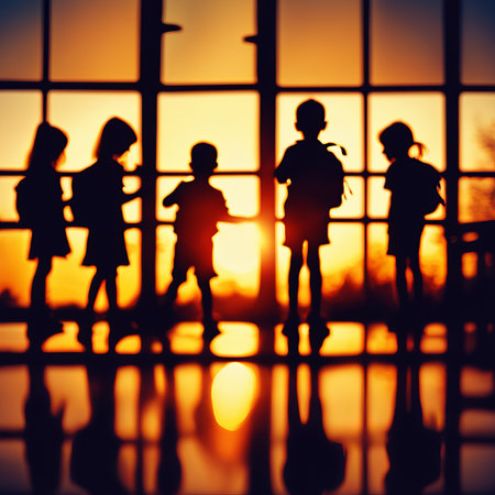 School with kids silhouettes. back to schoolの素材