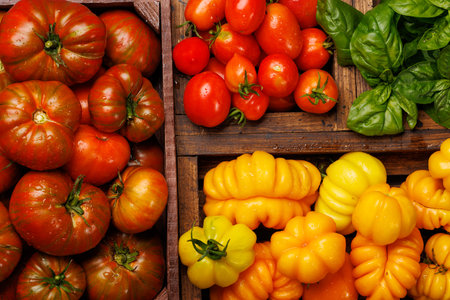 Assorted tomatoes in rustic crate and fresh garden basil. flat lay