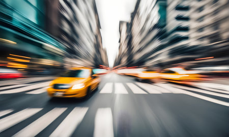 Motion blur city street with yellow taxiの素材
