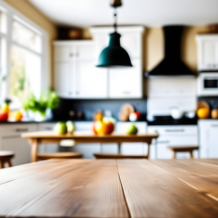 Empty kitchen table and blurred kitchen background. Template or mockup for your productの素材