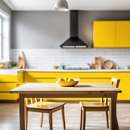 Kitchen table with fruits and blurred kitchen background. Template or mockup for your productの素材