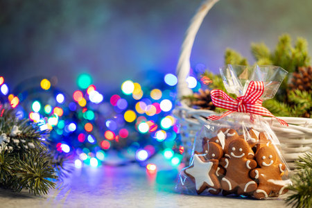 Christmas gingerbread cookies, fir tree branch and garland lights